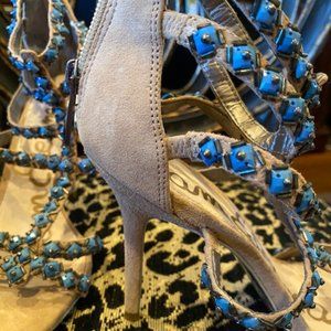 High heeled turquoise beaded suede sandals